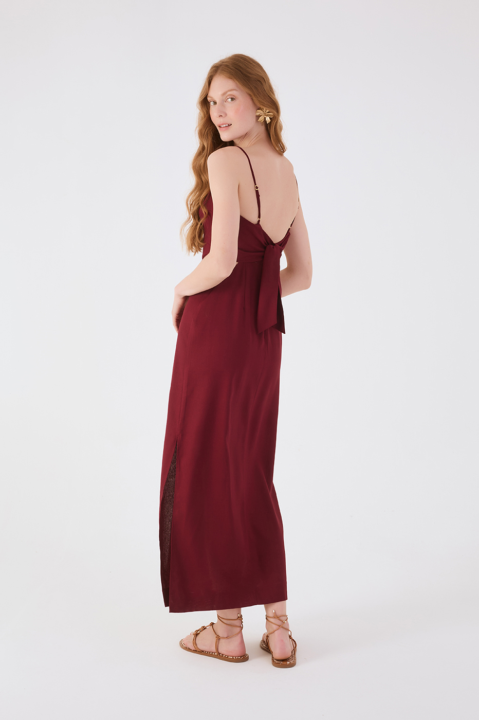 Wine Bossa Cut-Out Slit Back Ties Maxi Dress