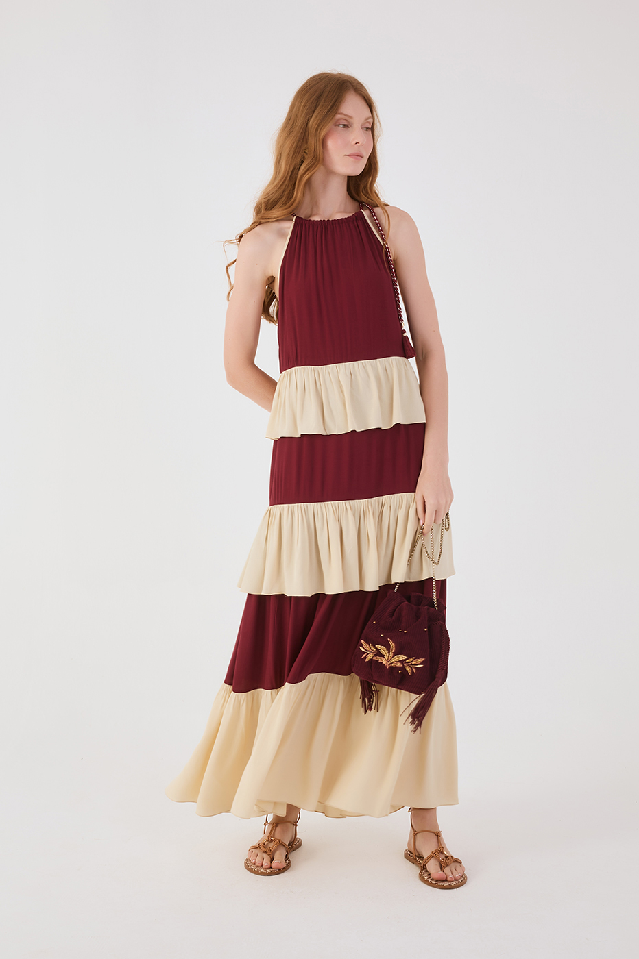 Wine Bossa And Off-White Rope Ties Layered Maxi Dress
