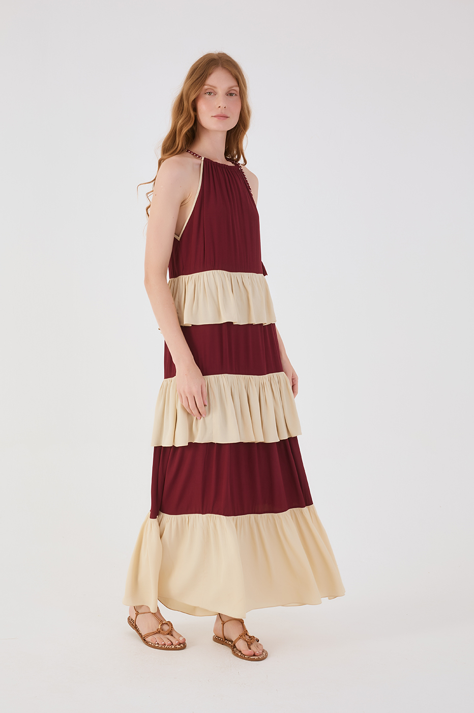 Wine Bossa And Off-White Rope Ties Layered Maxi Dress