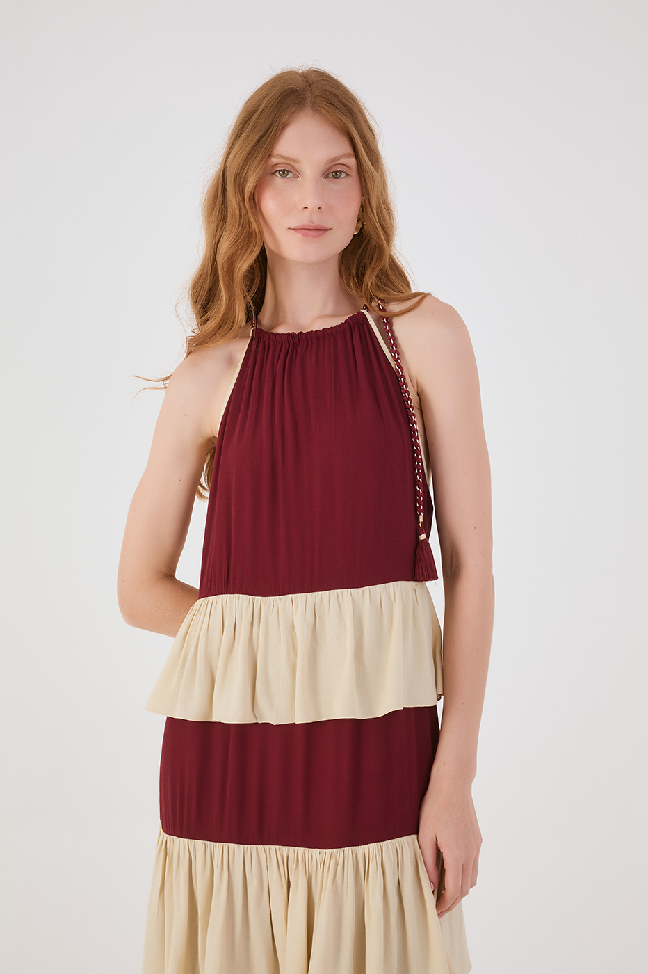 Wine Bossa And Off-White Rope Ties Layered Maxi Dress