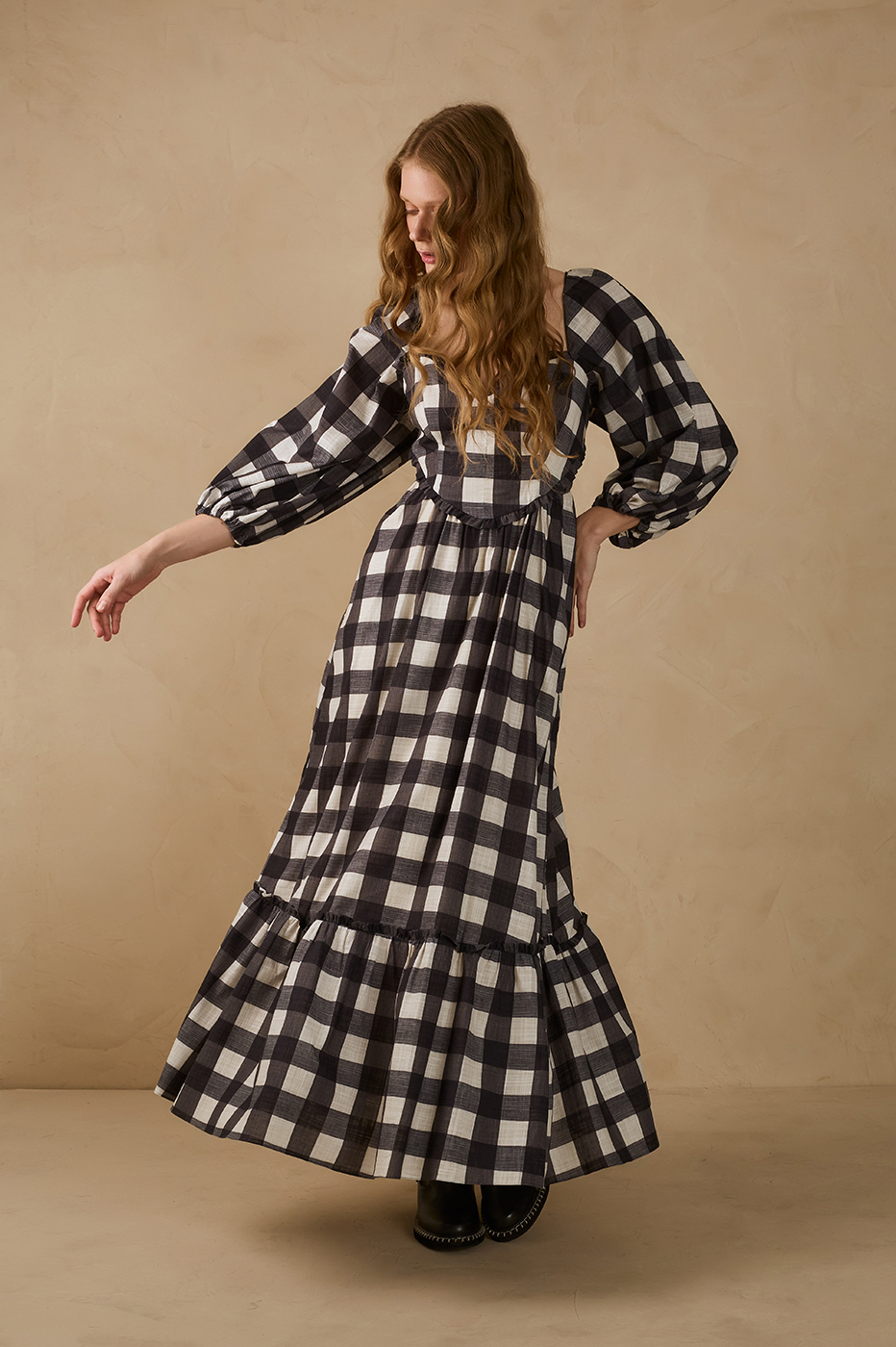 Black Plaid Sweetheart Neckline Ruffle Cotton Maxi Dress