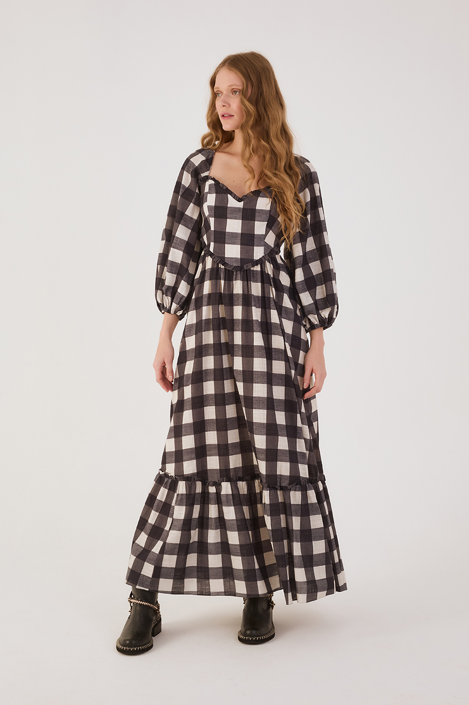 Black Plaid Sweetheart Neckline Ruffle Cotton Maxi Dress