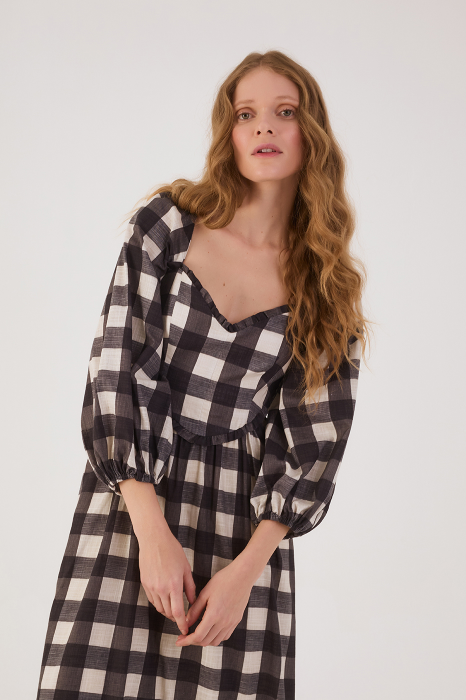 Black Plaid Sweetheart Neckline Ruffle Cotton Maxi Dress
