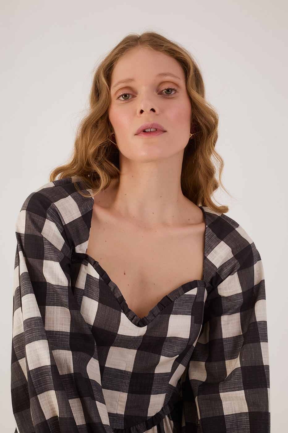 Black Plaid Sweetheart Neckline Ruffle Cotton Maxi Dress