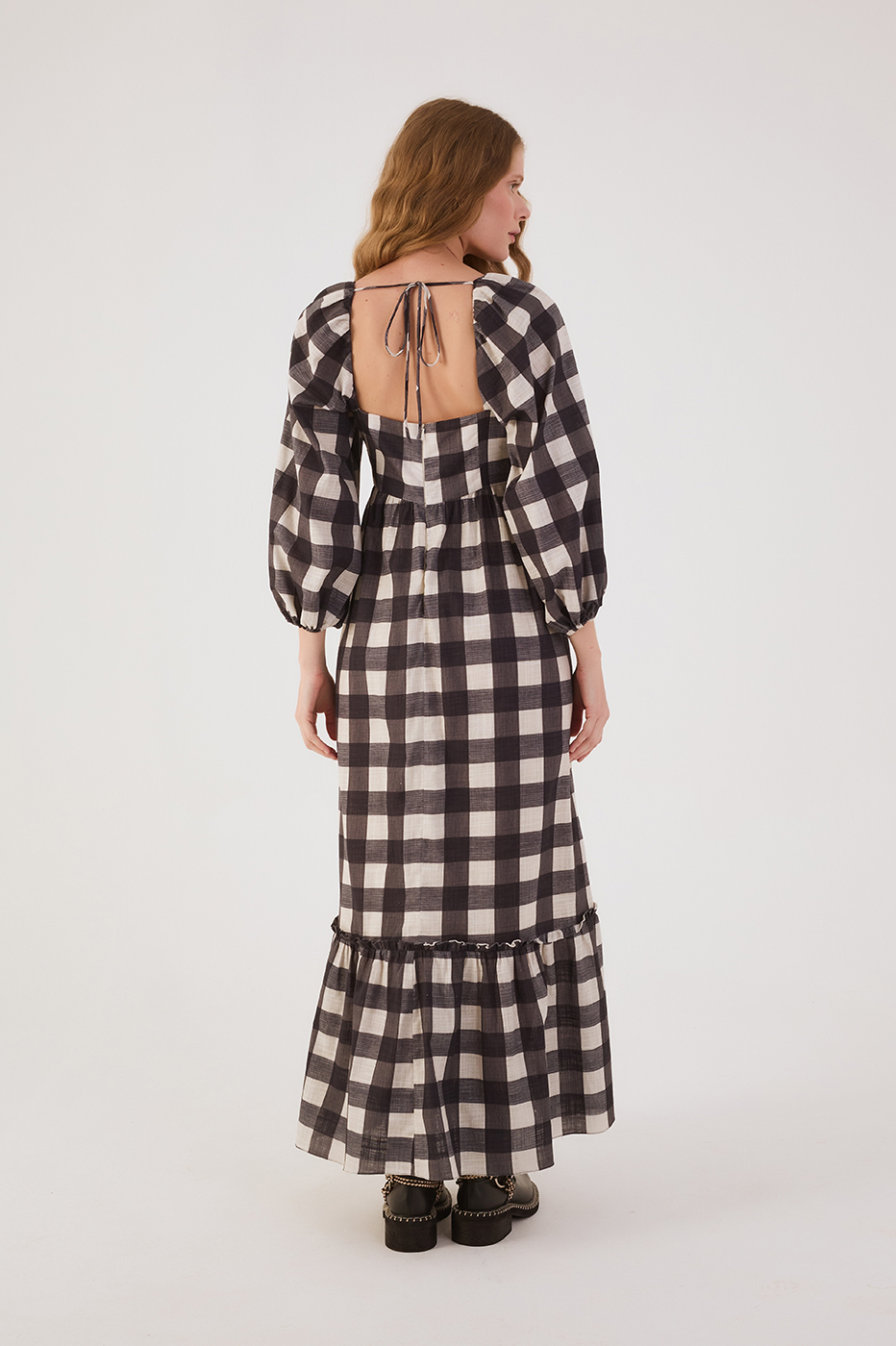 Black Plaid Sweetheart Neckline Ruffle Cotton Maxi Dress