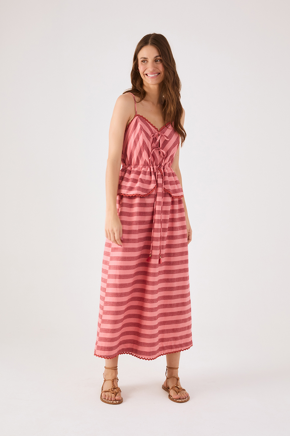 Pink Bromelia Rickrack Trim Front Ties Maxi Dress
