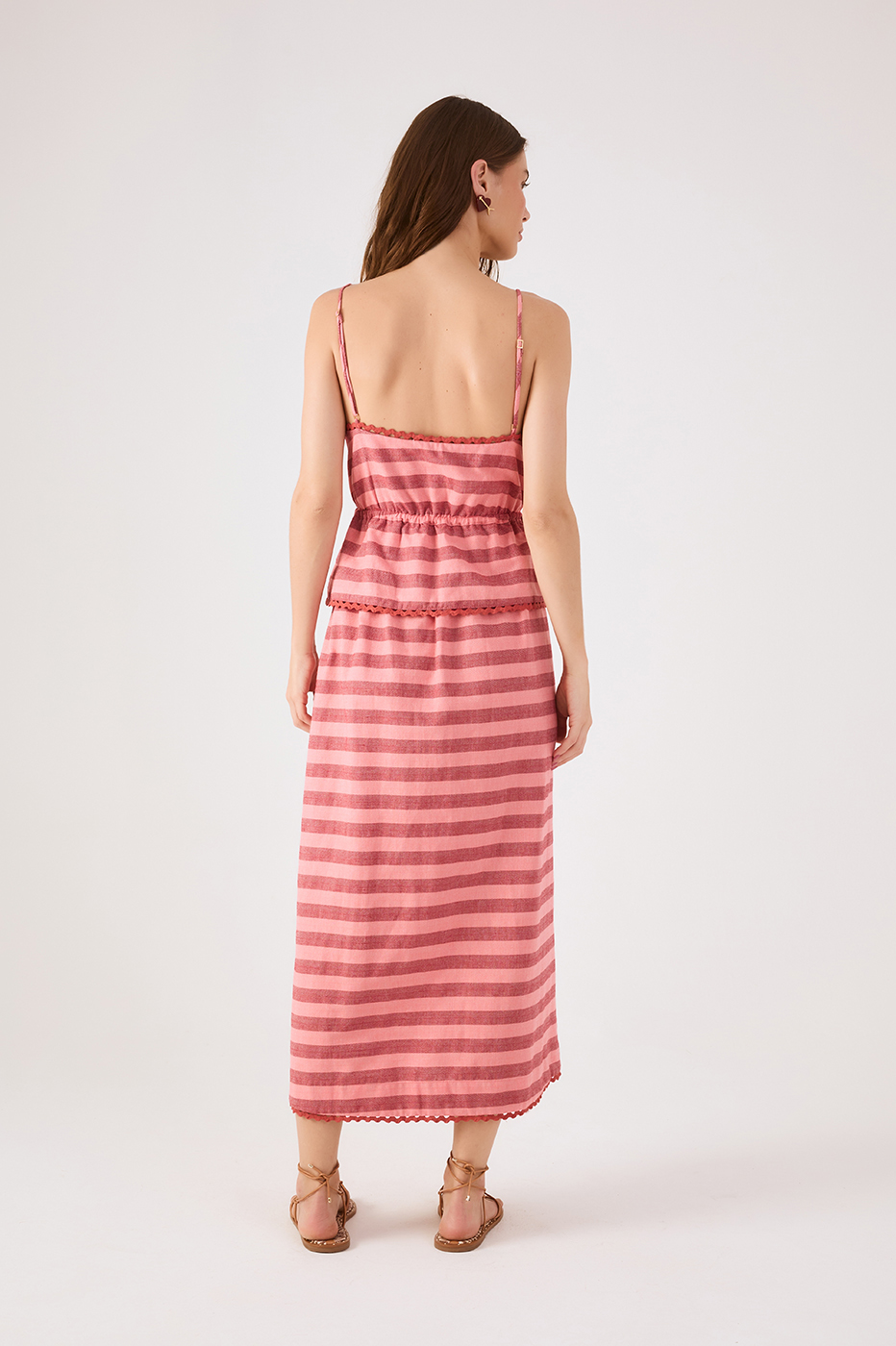 Pink Bromelia Rickrack Trim Front Ties Maxi Dress