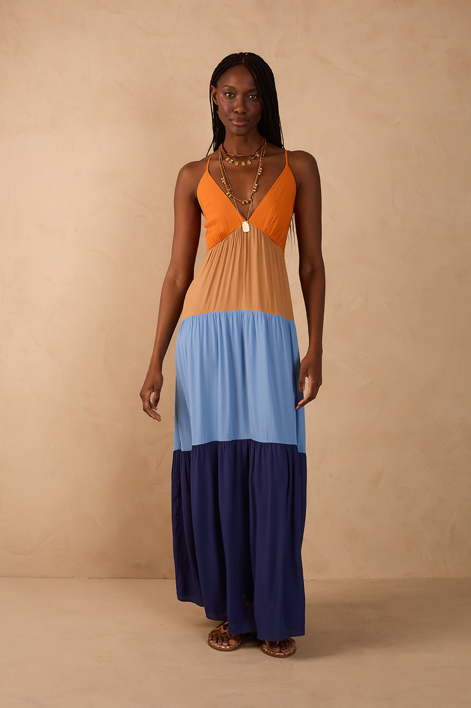Multicolor V Neck Adjustable Straps Tiered Crepe Maxi Dress