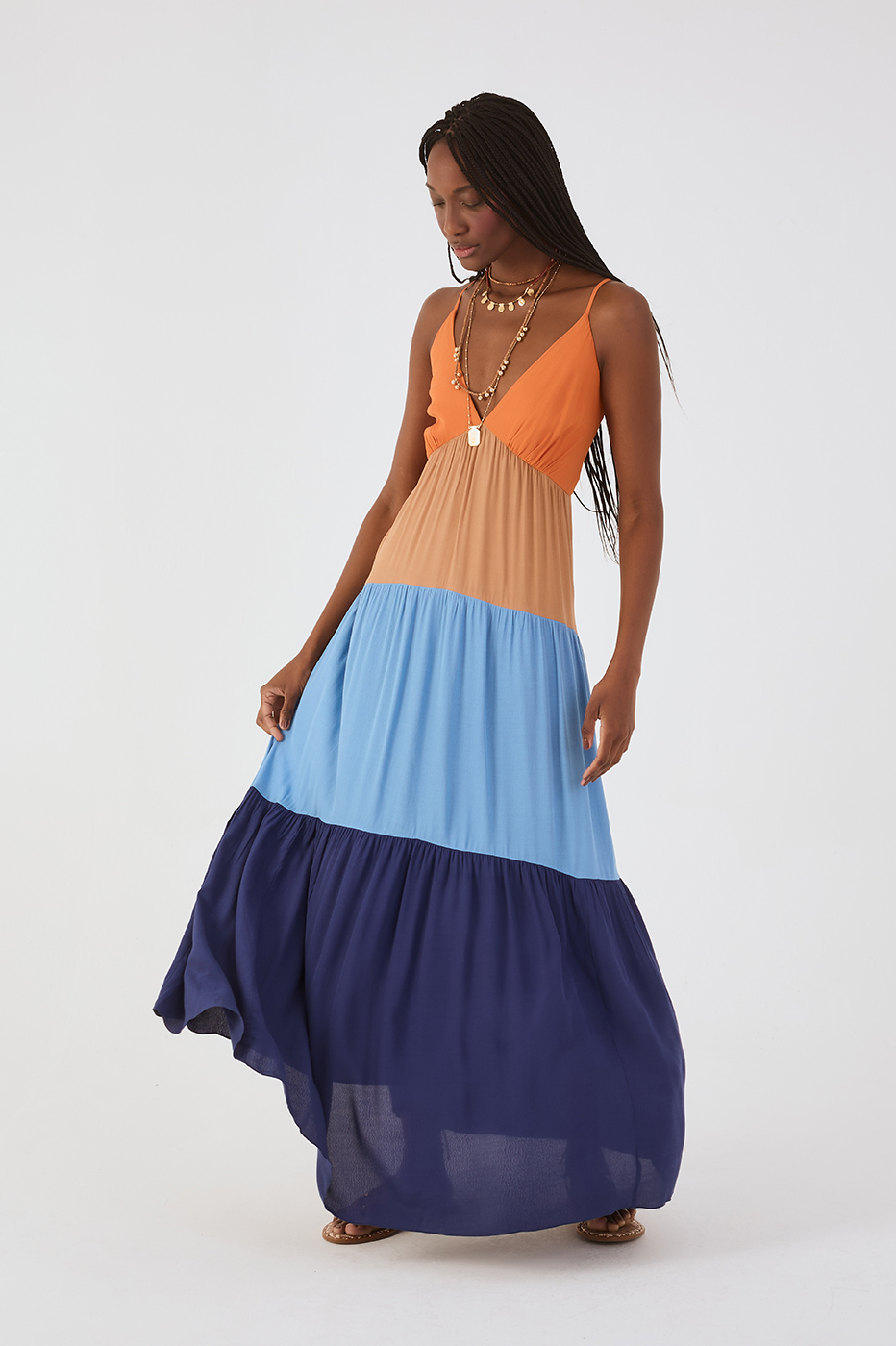 Multicolor V Neck Adjustable Straps Tiered Crepe Maxi Dress