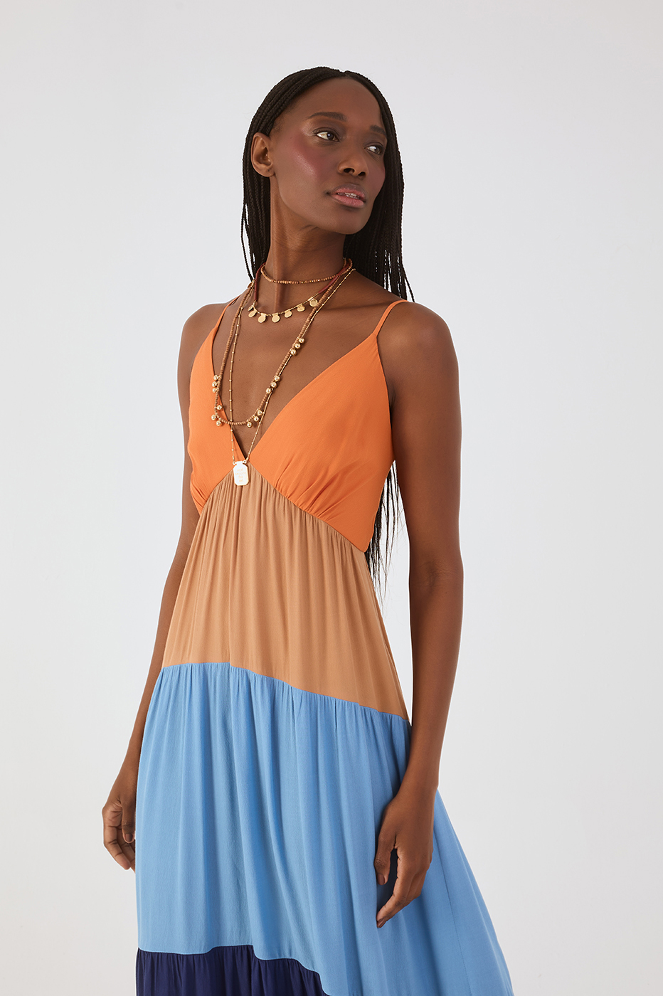 Multicolor V Neck Adjustable Straps Tiered Crepe Maxi Dress