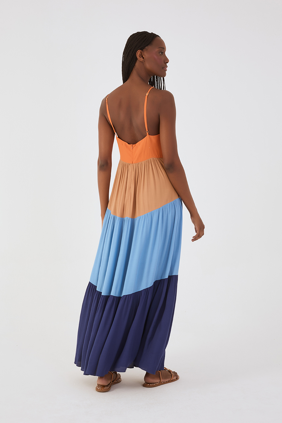 Multicolor V Neck Adjustable Straps Tiered Crepe Maxi Dress