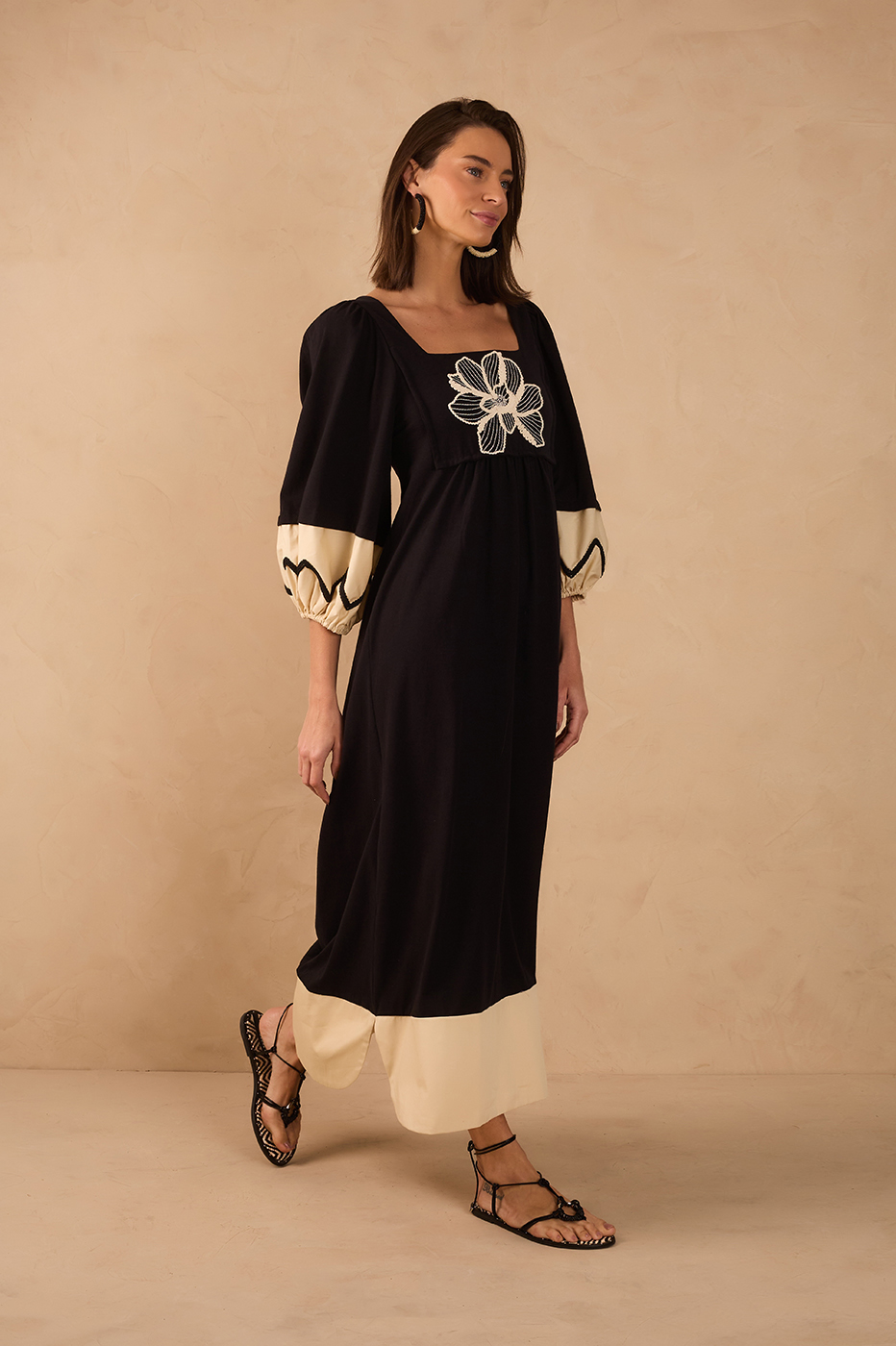 Black Embroidered Flower Square Neck Puff Sleeve Maxi Dress