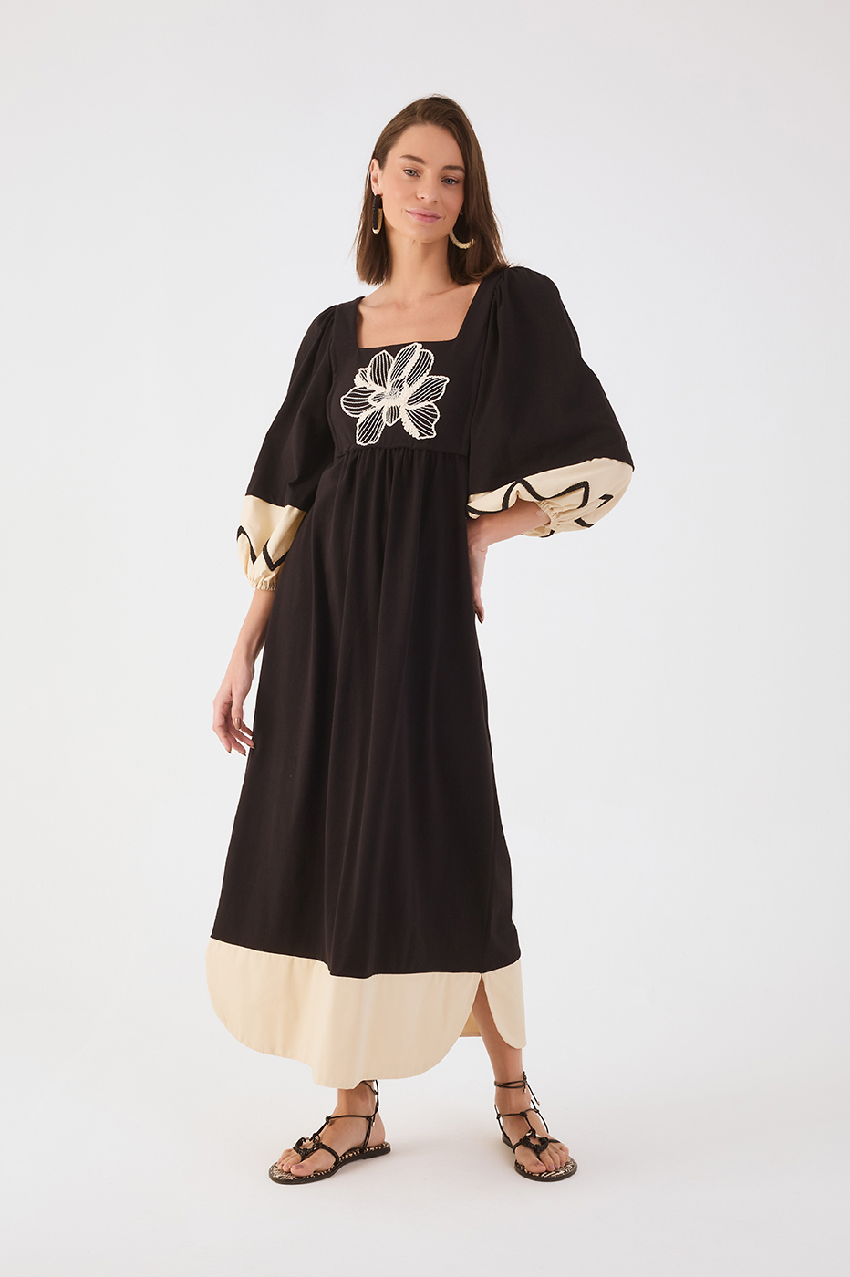Black Embroidered Flower Square Neck Puff Sleeve Maxi Dress