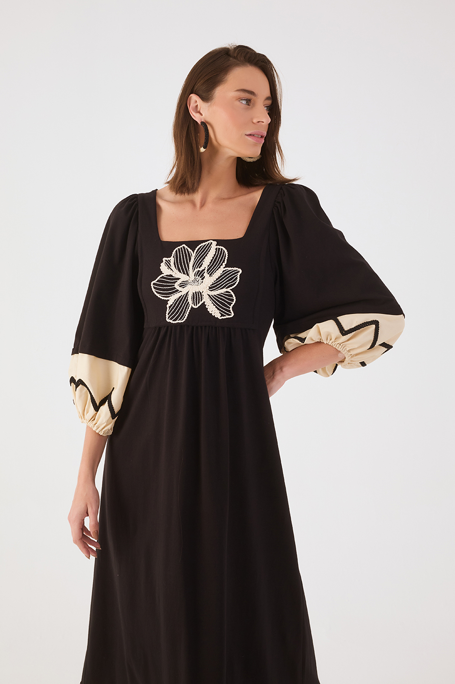 Black Embroidered Flower Square Neck Puff Sleeve Maxi Dress in Black