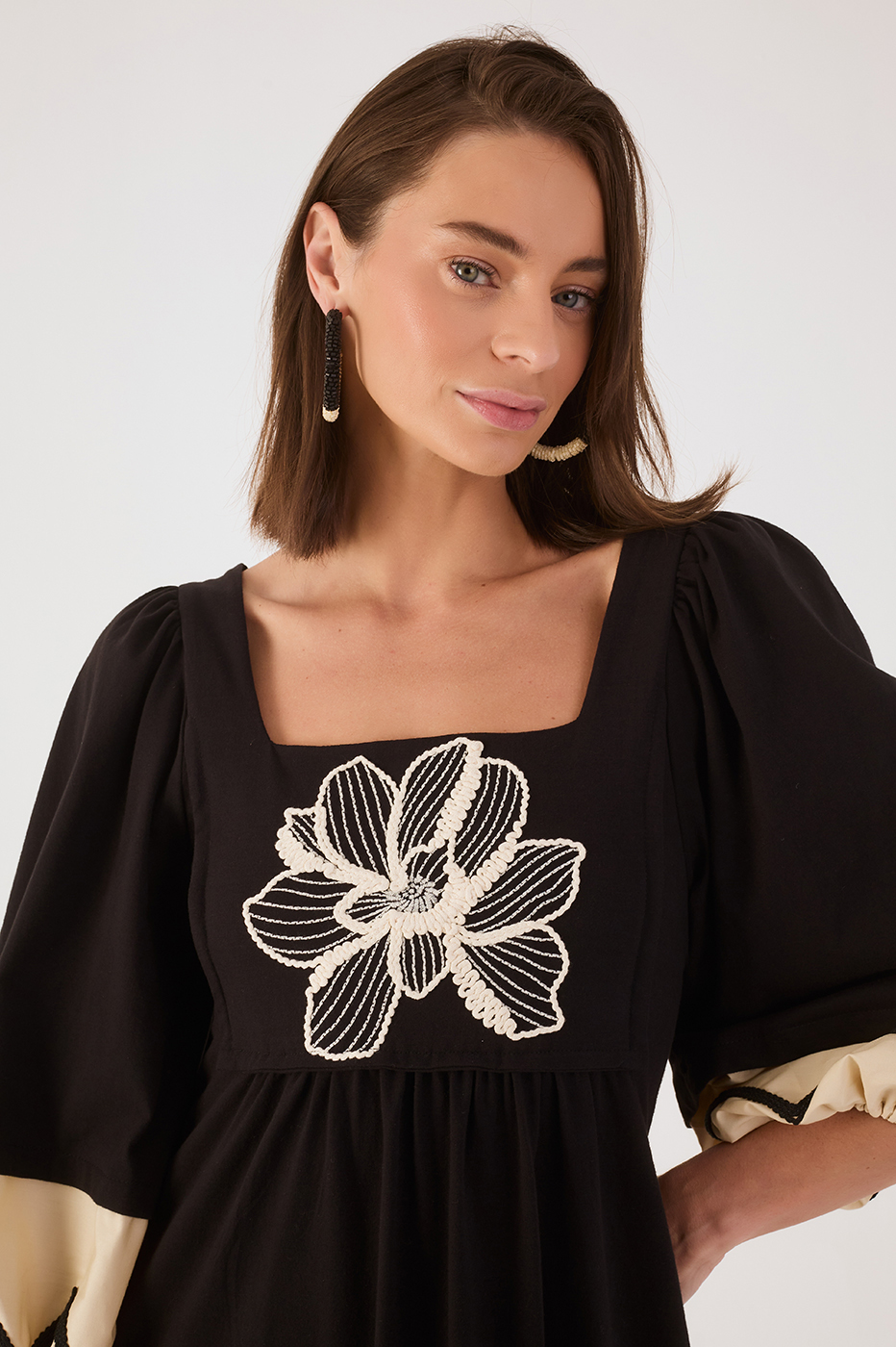 Black Embroidered Flower Square Neck Puff Sleeve Maxi Dress