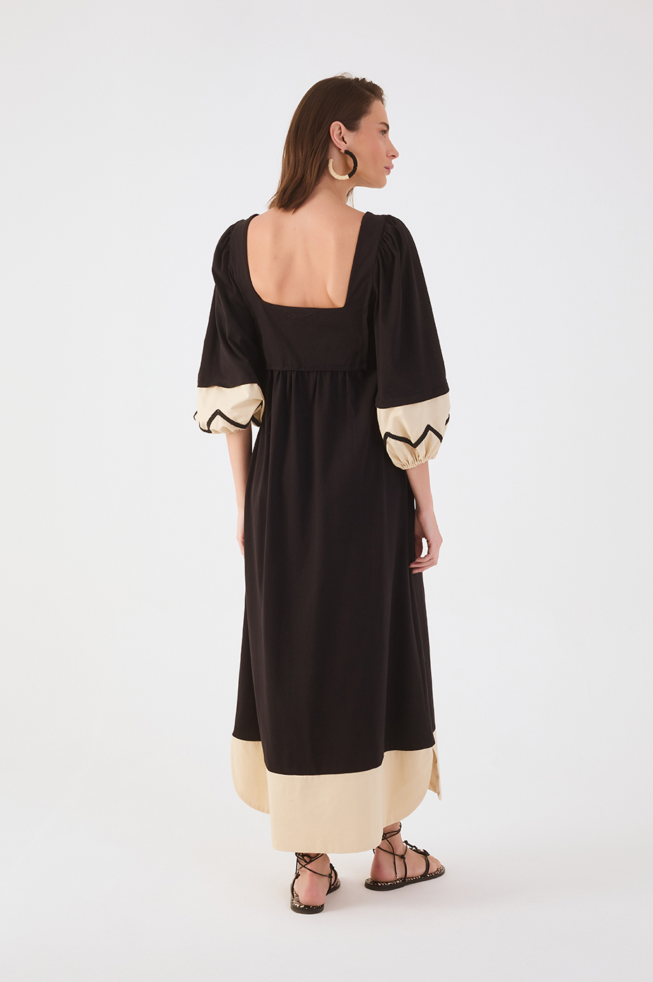 Black Embroidered Flower Square Neck Puff Sleeve Maxi Dress