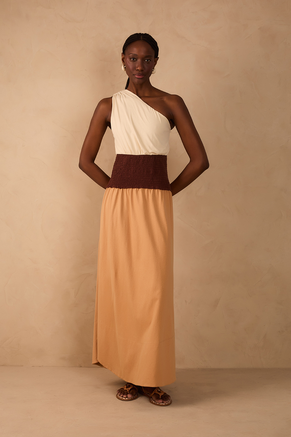 Tricolor One-Shoulder Smocked Waist Maxi Dress