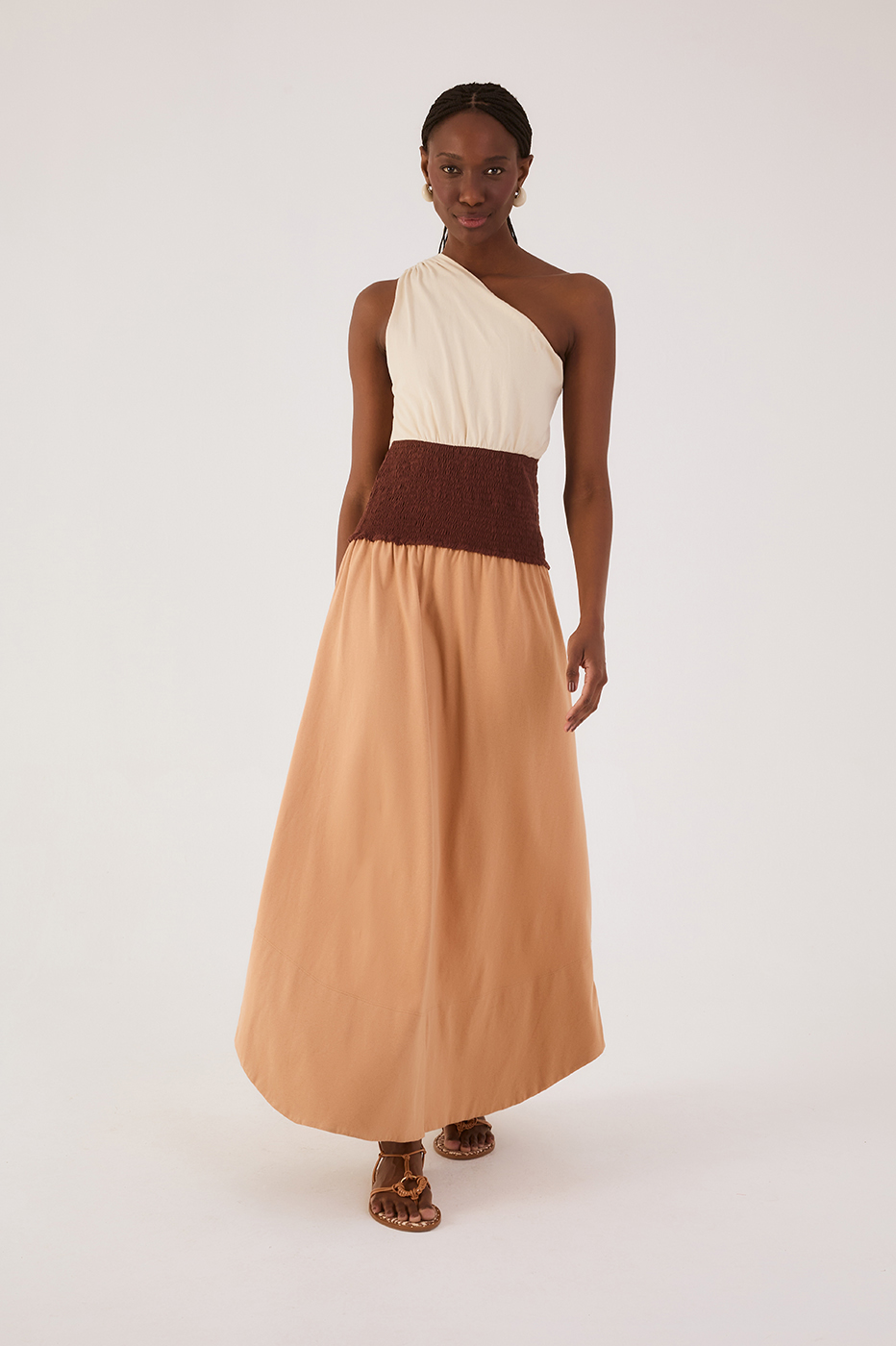 Tricolor One-Shoulder Smocked Waist Maxi Dress
