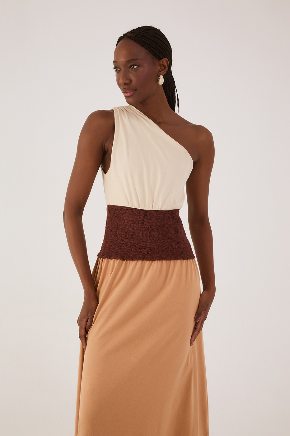 Tricolor One-Shoulder Smocked Waist Maxi Dress