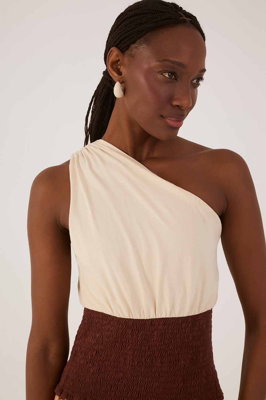 Tricolor One-Shoulder Smocked Waist Maxi Dress