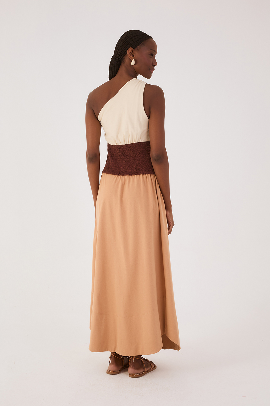 Tricolor One-Shoulder Smocked Waist Maxi Dress