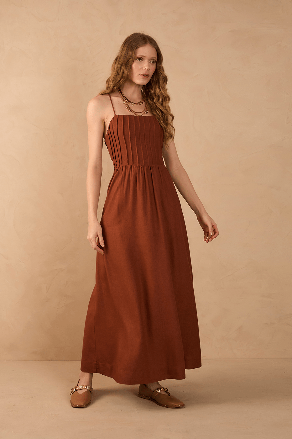 Brown Mate Square Neck Sleeveless Seam Bodice Back Ties Maxi Dress_1