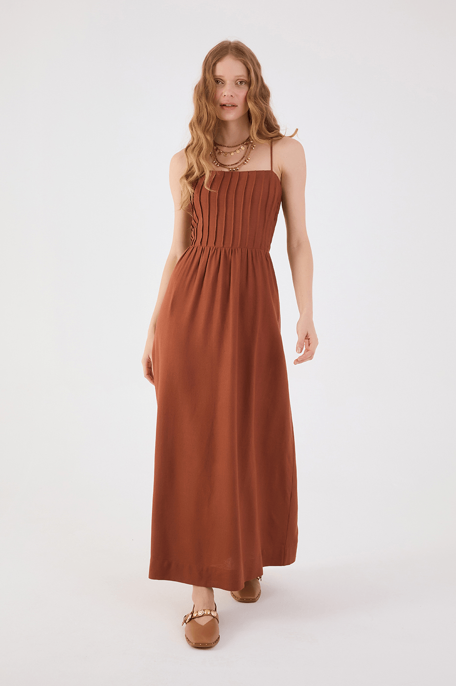 Brown Mate Square Neck Sleeveless Seam Bodice Back Ties Maxi Dress_2