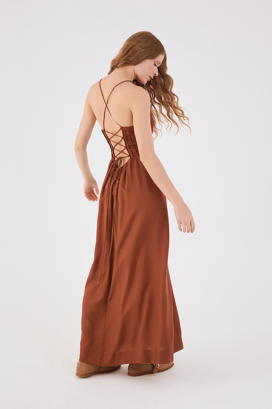 Brown Mate Square Neck Sleeveless Seam Bodice Back Ties Maxi Dress_5