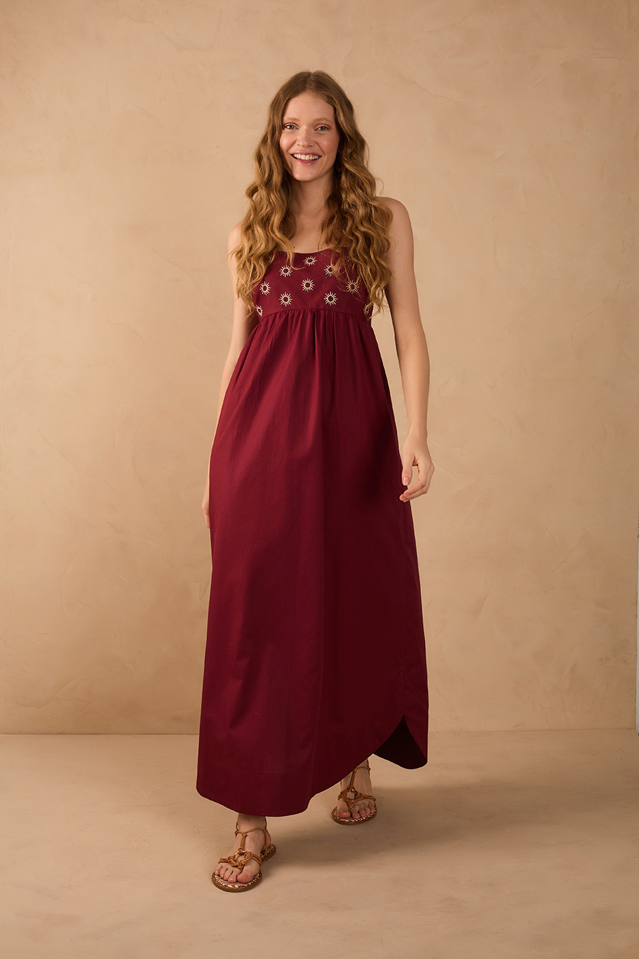 Wine Bossa Embroidered Sun Sleeveless Maxi Dress