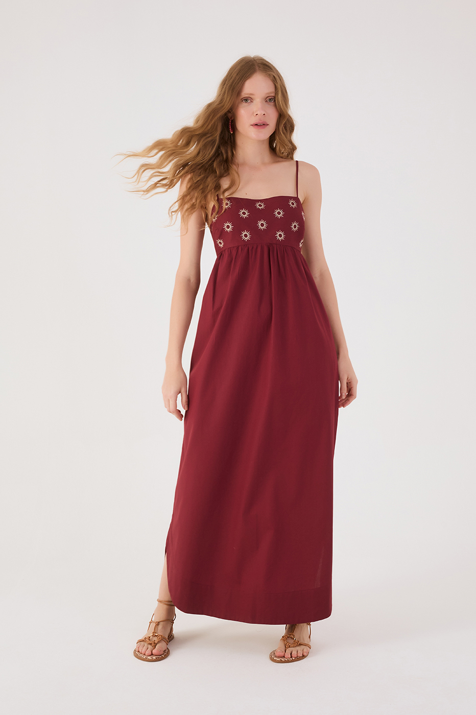 Wine Bossa Embroidered Sun Sleeveless Maxi Dress