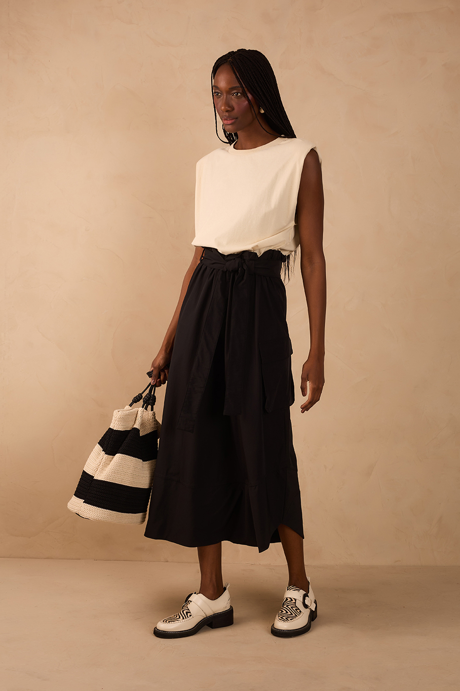 Black And White Front Ties T-Shirt Bodice Nylon Maxi Dress