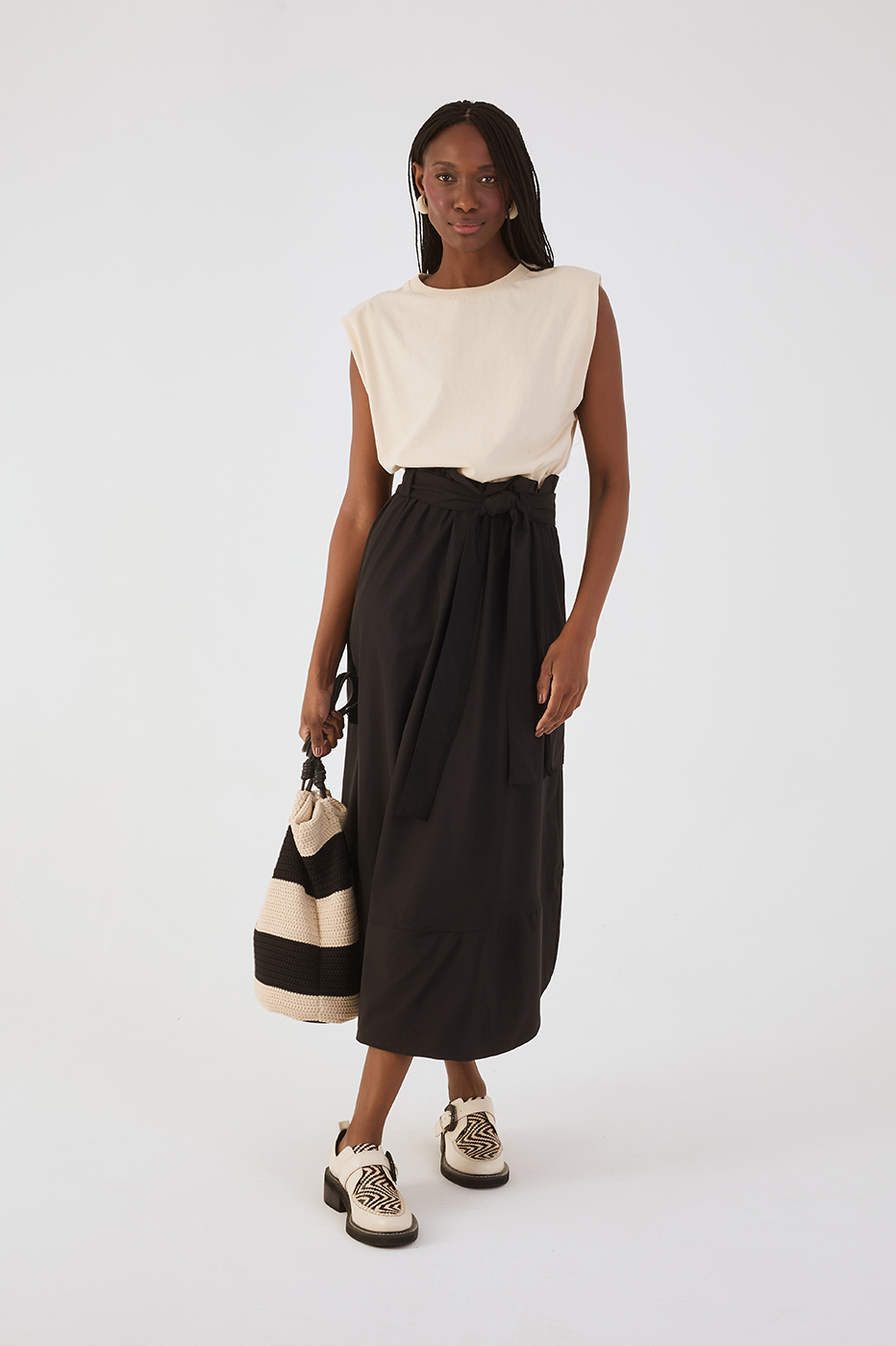 Black And White Front Ties T-Shirt Bodice Nylon Maxi Dress