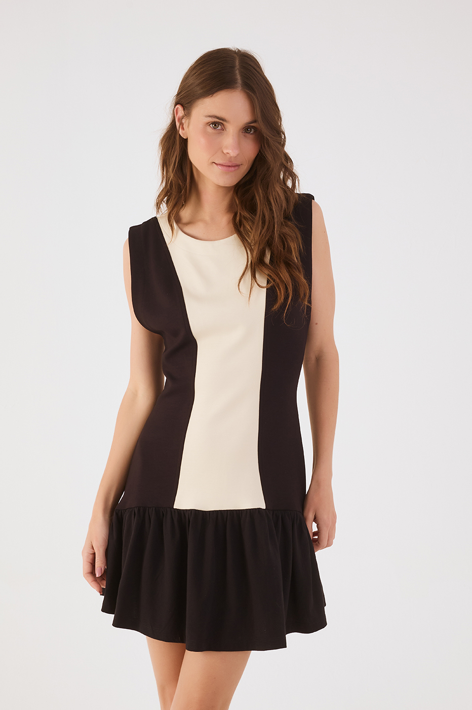 Off-White And Black Ruffled Hem Sleeveless Mini Dress