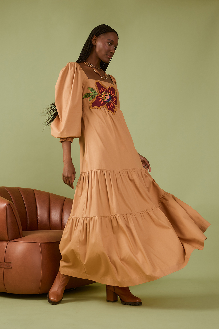 Beige Garden Embroidered Cotton Dress_1