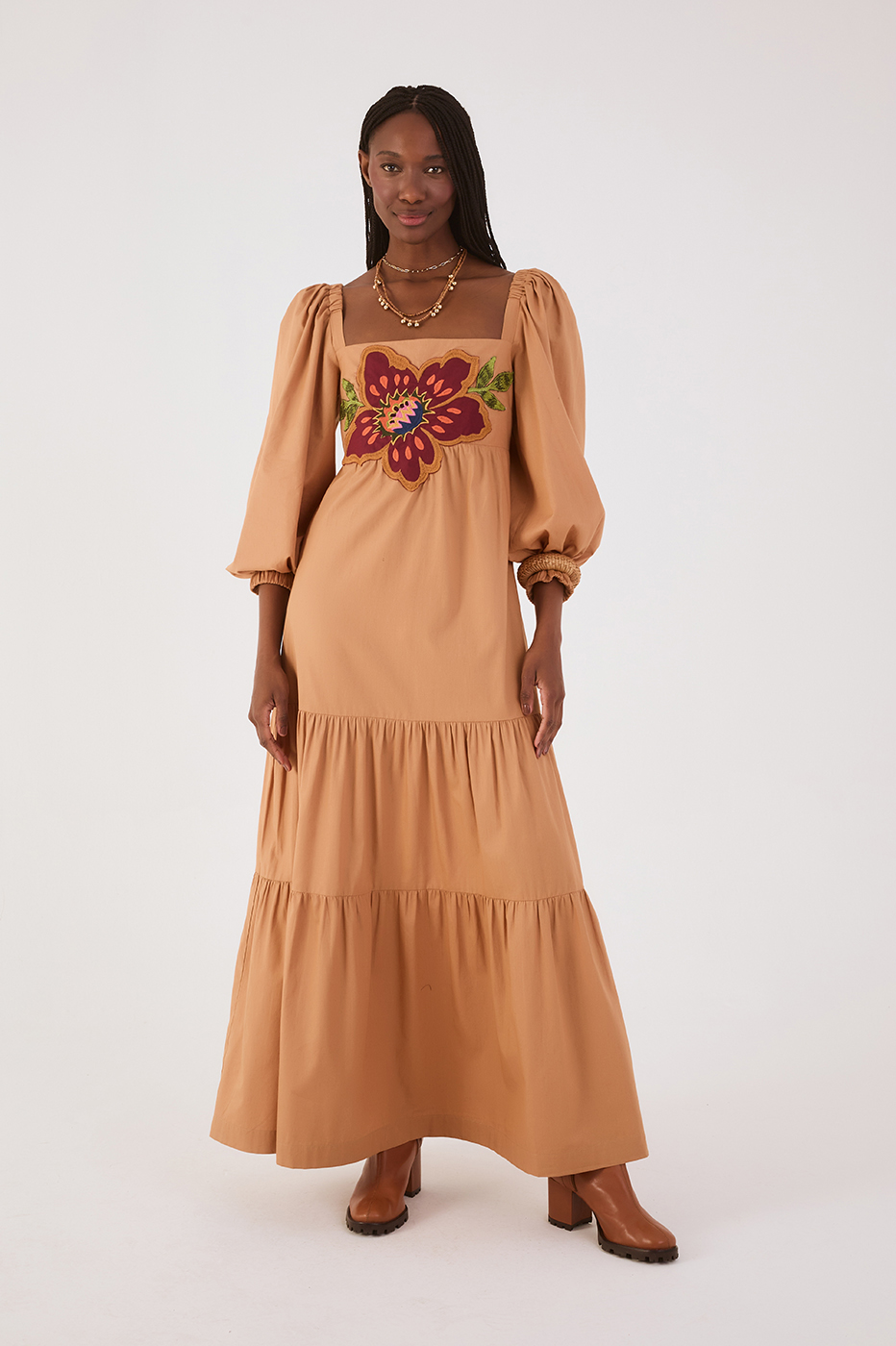 Beige Garden Embroidered Cotton Dress_2