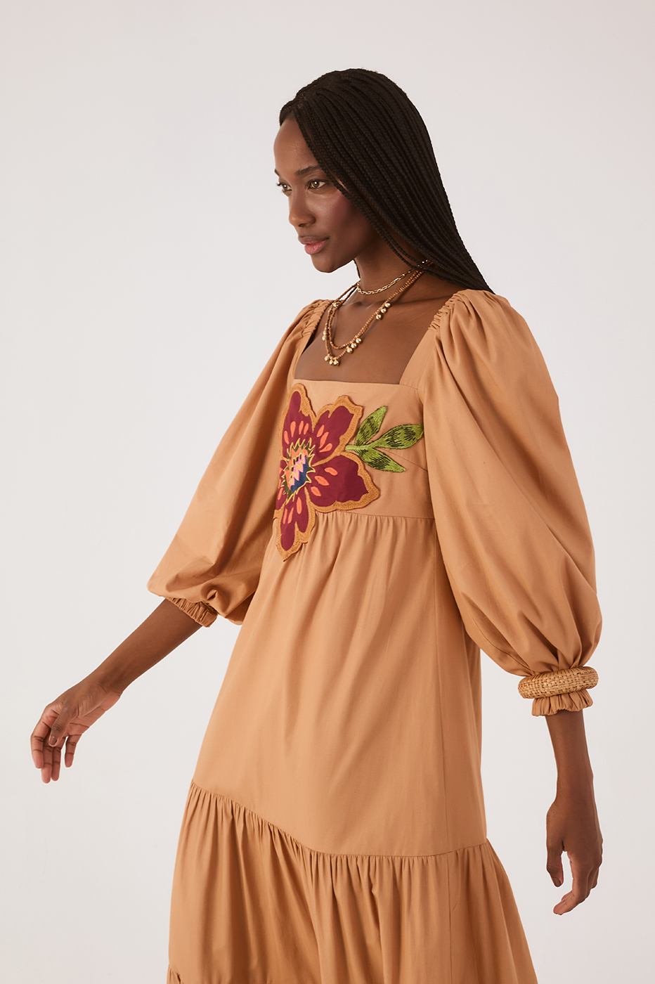 Beige Garden Embroidered Cotton Dress