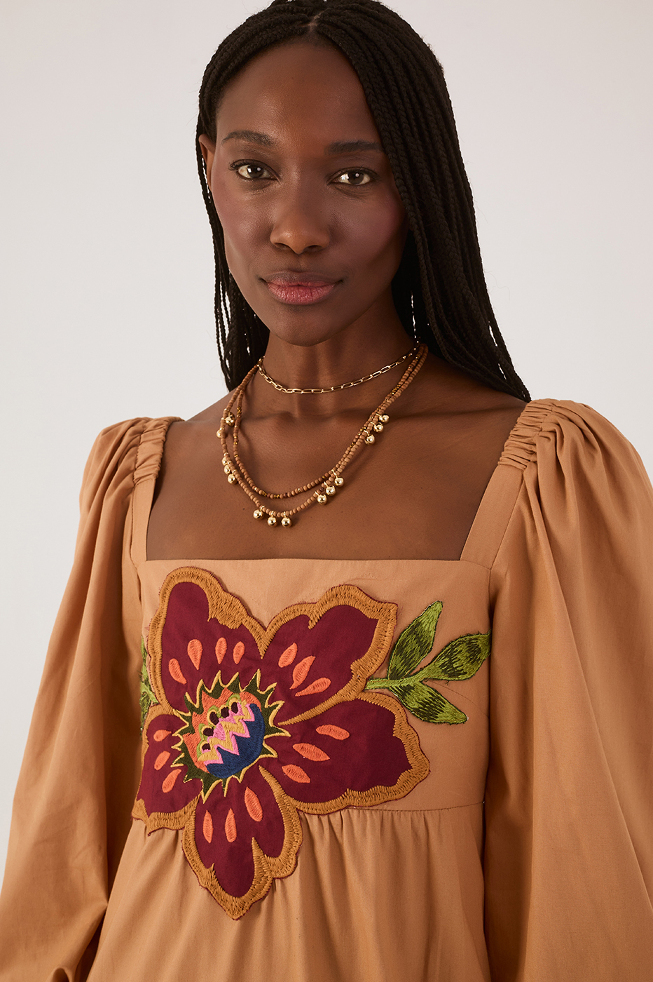 Beige Garden Embroidered Cotton Dress