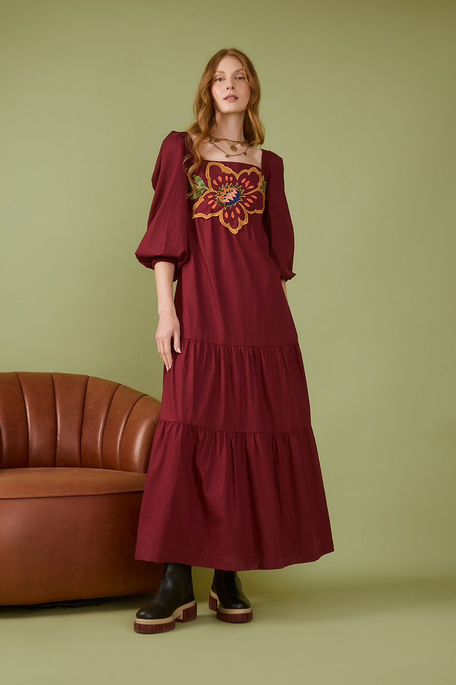 Wine Garden Embroidered Cotton Dres