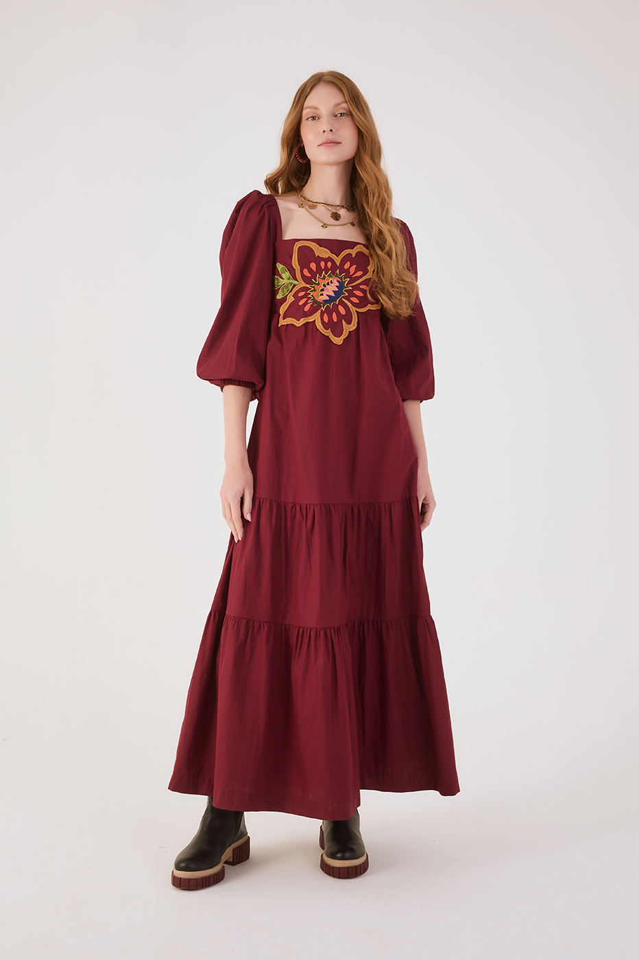 Wine Garden Embroidered Cotton Dres