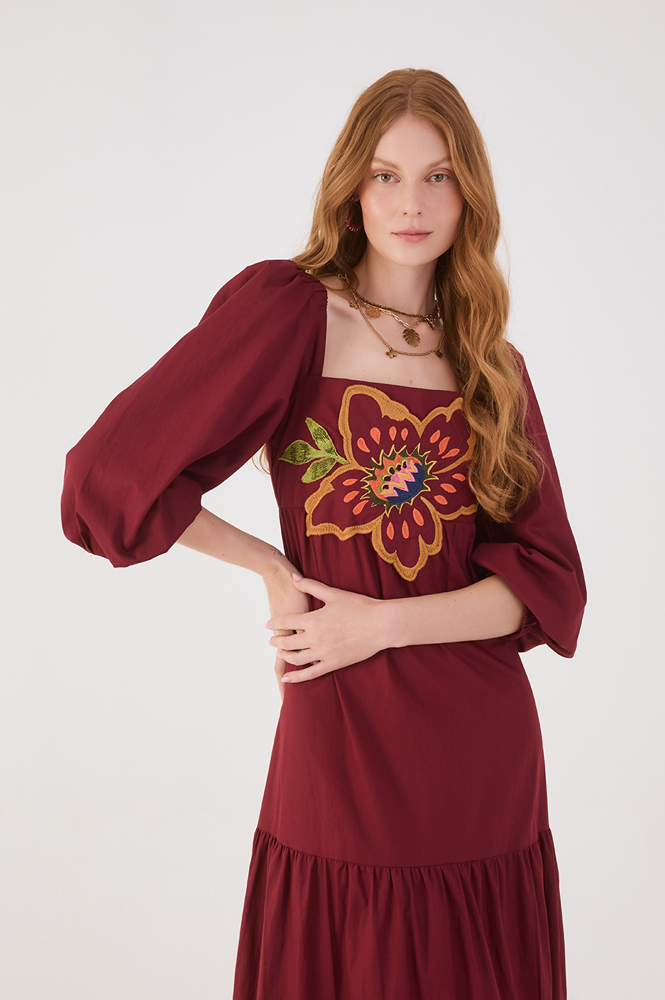 Wine Garden Embroidered Cotton Dres
