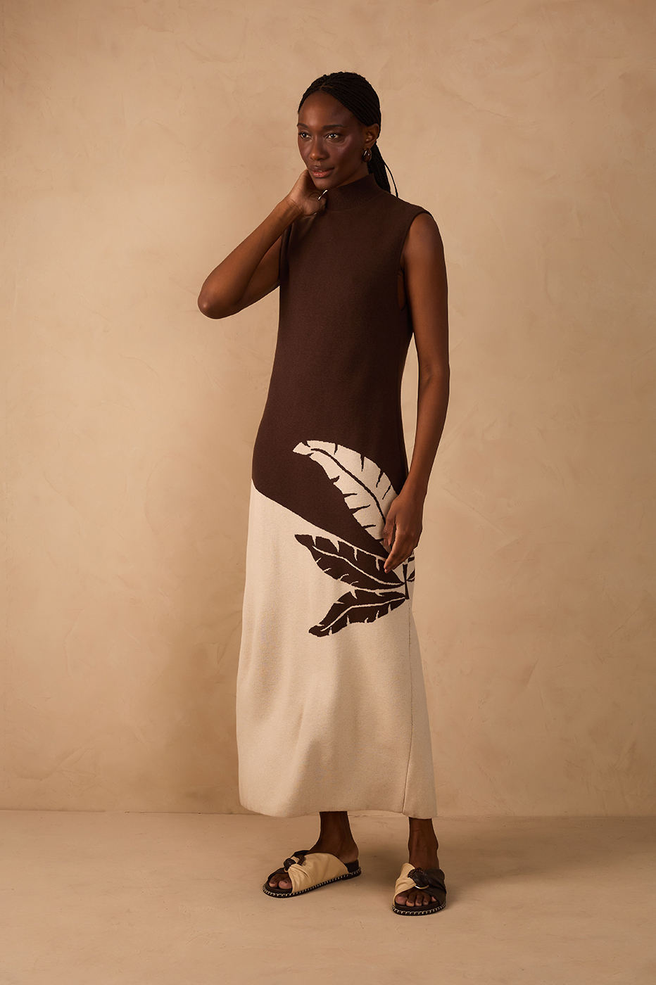 Brown Palma High Neck Sleeveless Tricot Maxi Dress