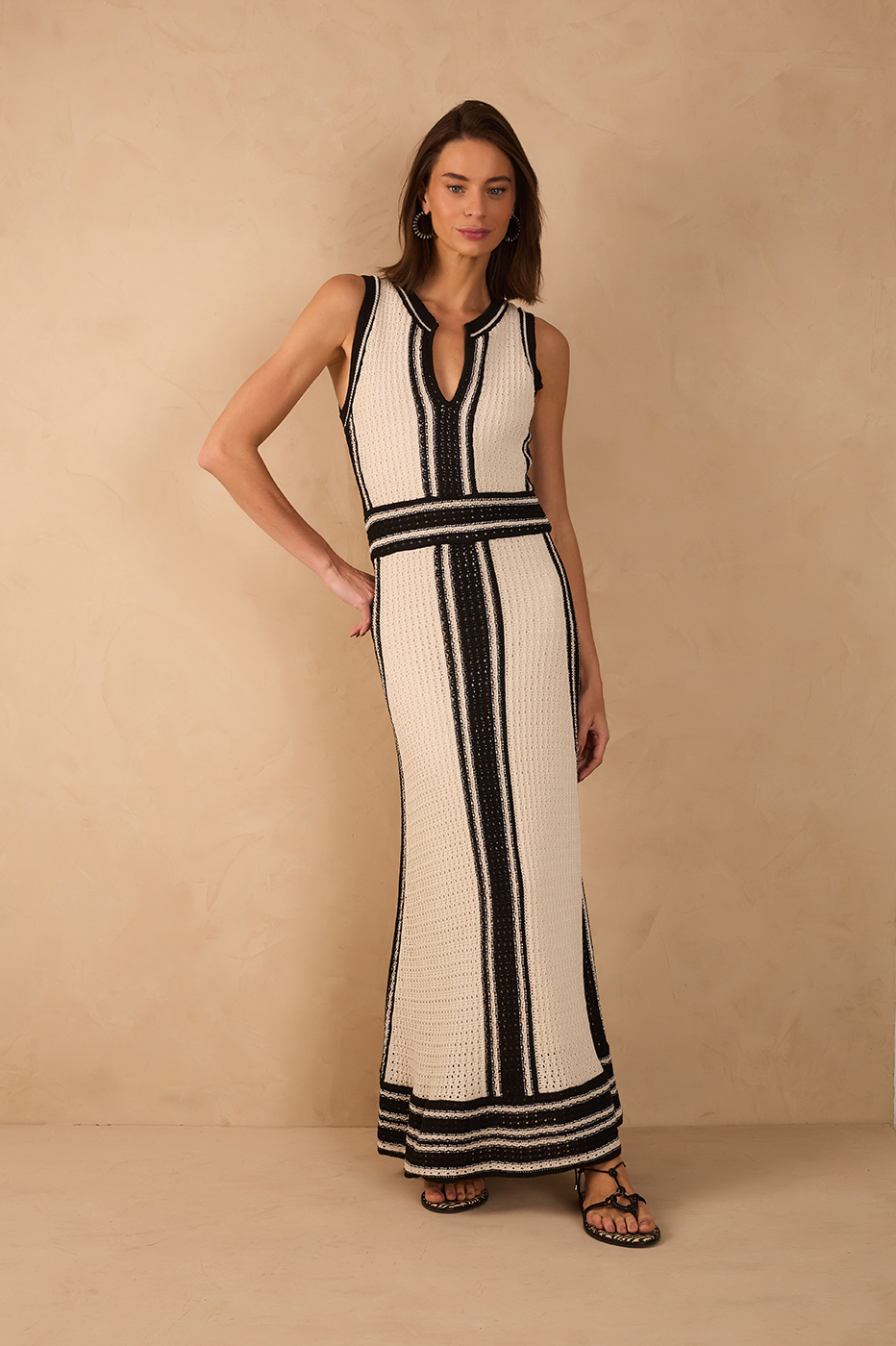 Off-White And Black Stripes V Neck Slim Tricot Maxi Dress in Off-white