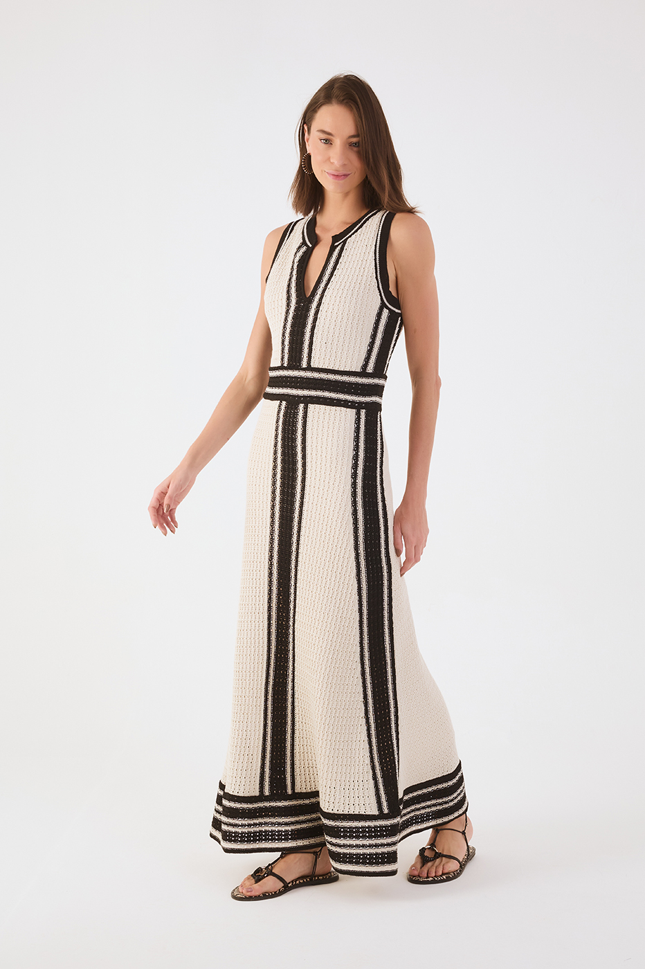 Off-White And Black Stripes V Neck Slim Tricot Maxi Dress
