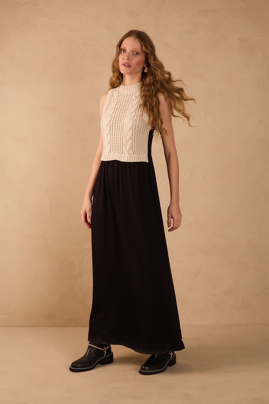 Black And Beige Tricot Bodice Sleeveless Jersey Maxi Dress
