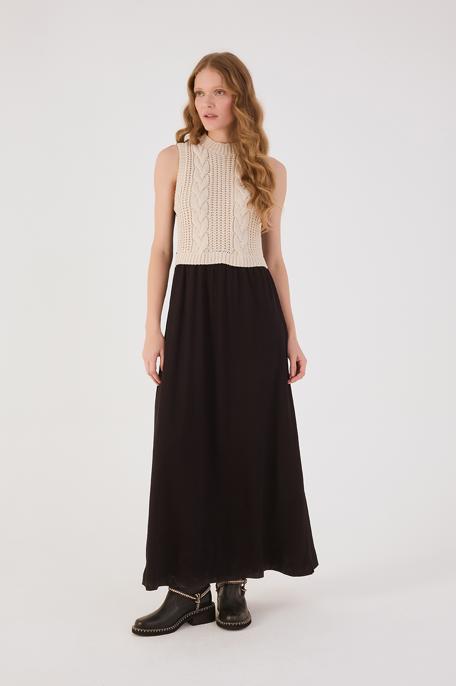 Black And Beige Tricot Bodice Sleeveless Jersey Maxi Dress