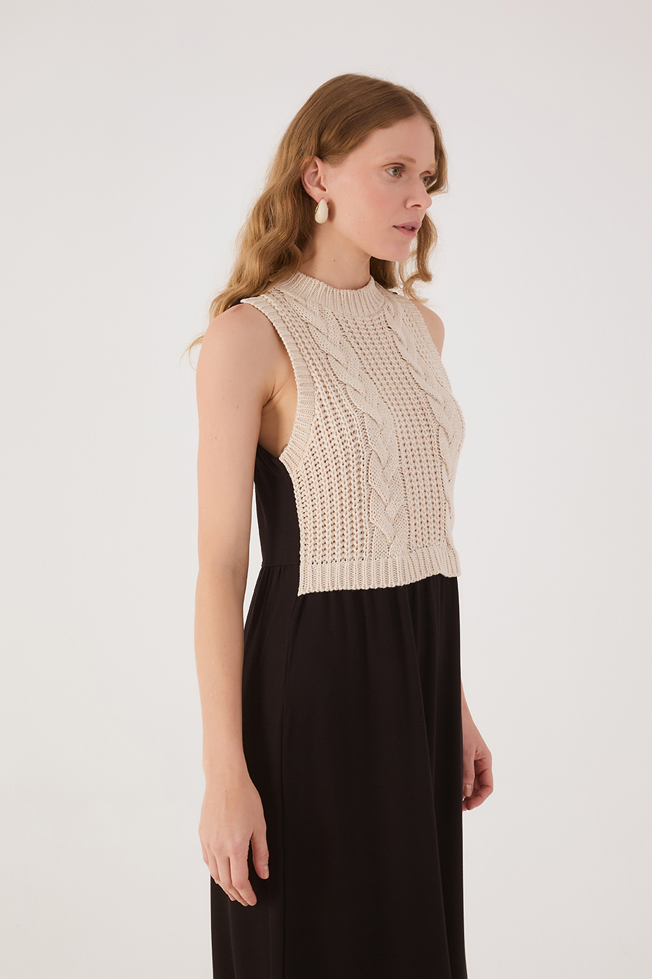 Black And Beige Tricot Bodice Sleeveless Jersey Maxi Dress