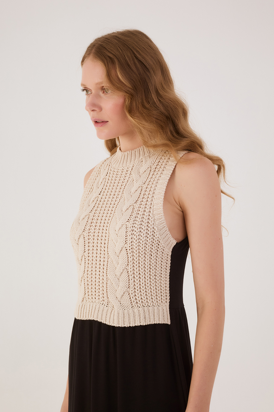 Black And Beige Tricot Bodice Sleeveless Jersey Maxi Dress