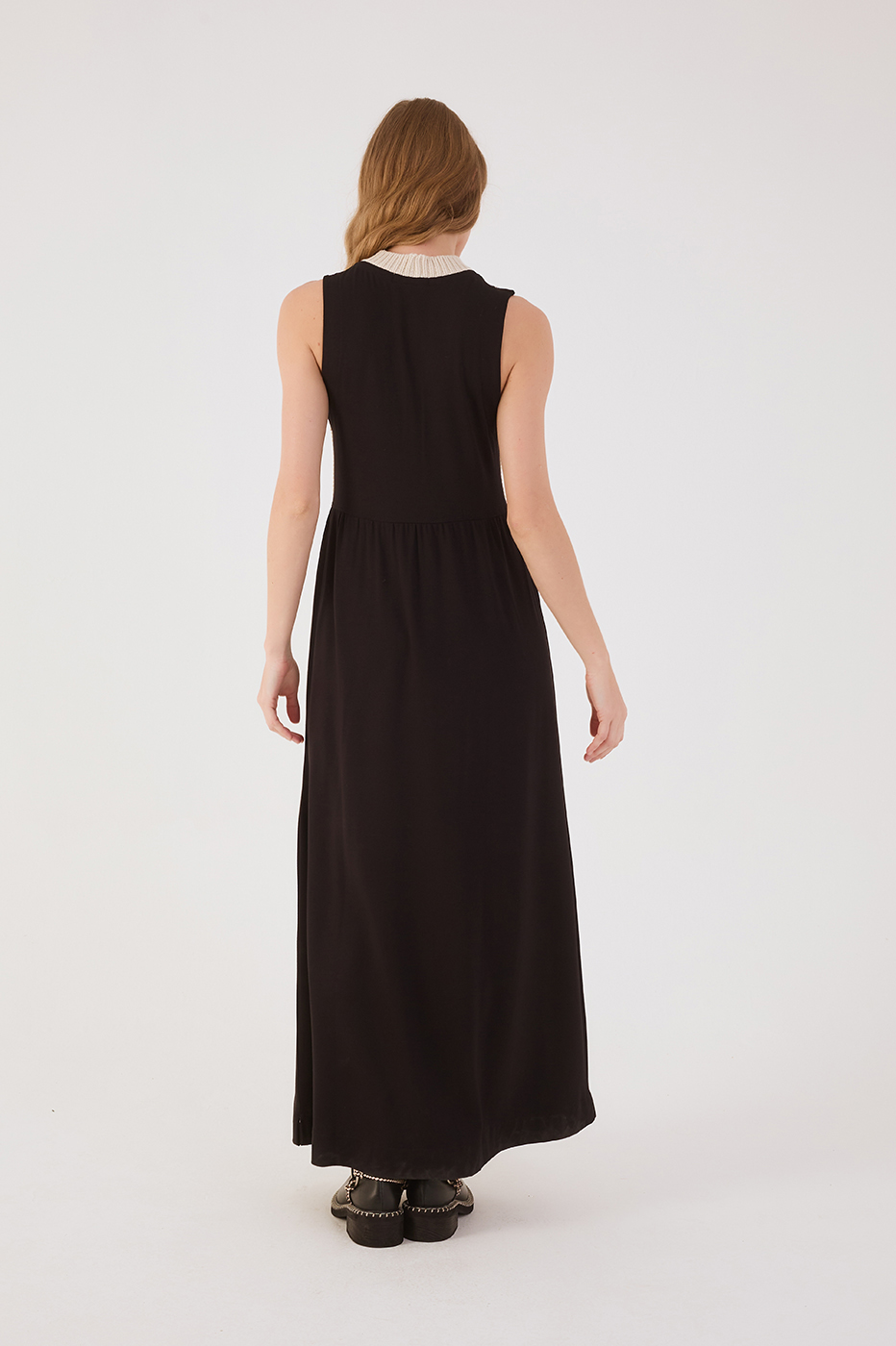 Black And Beige Tricot Bodice Sleeveless Jersey Maxi Dress_5
