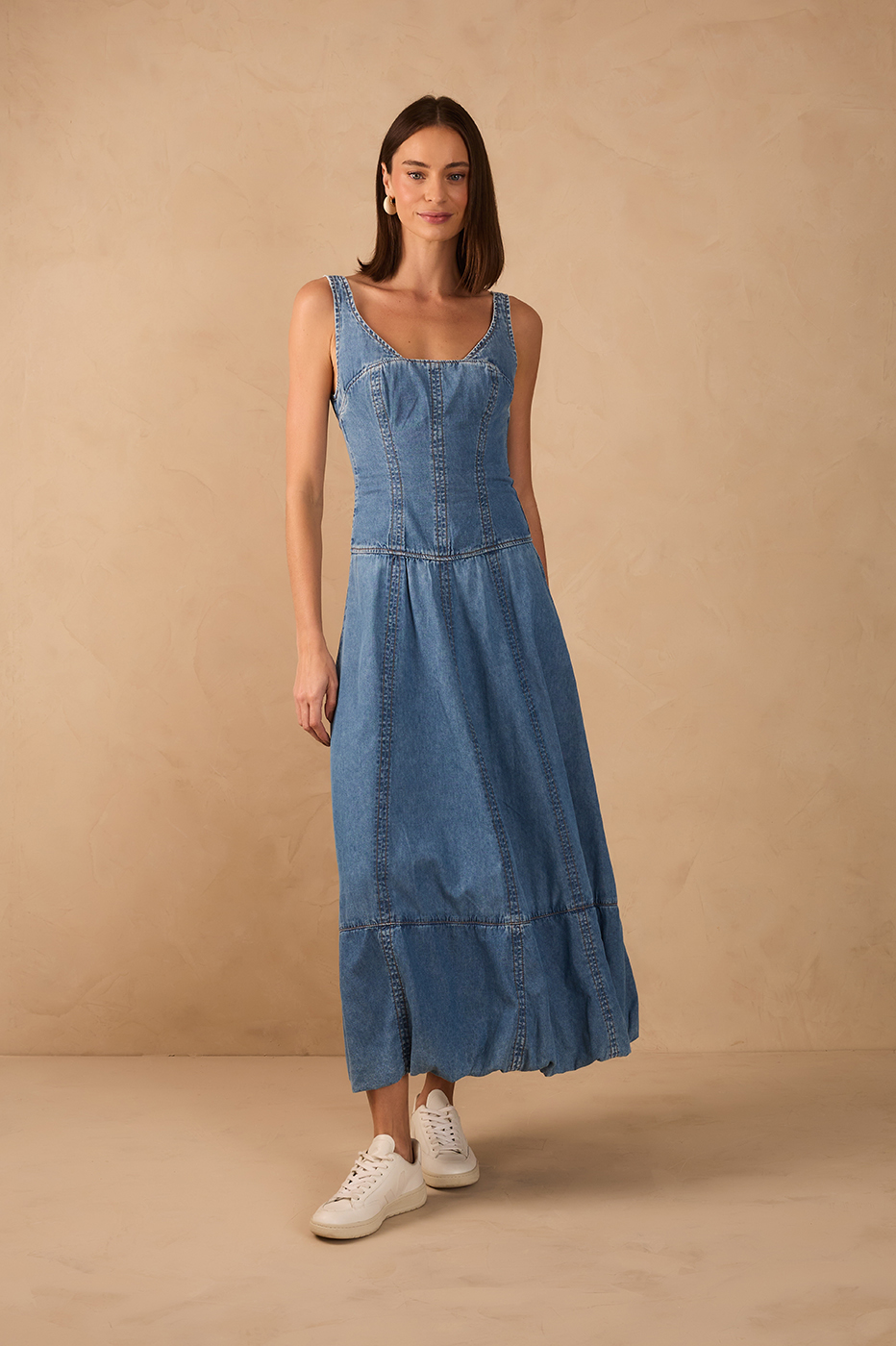 Denim Square Neck Sleeveless Balloon Maxi Dress