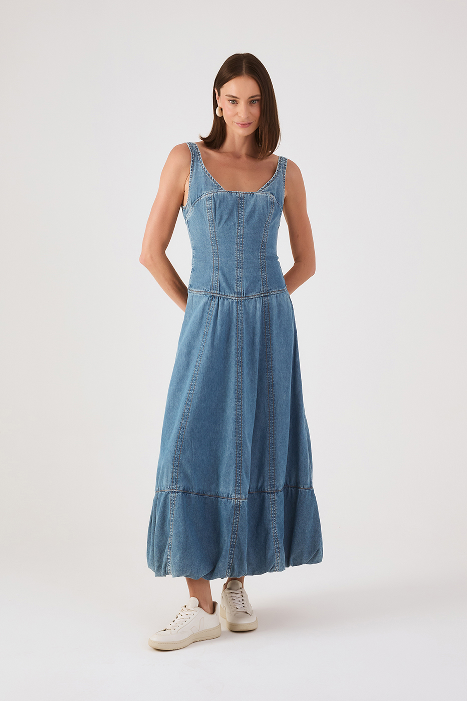 Denim Square Neck Sleeveless Balloon Maxi Dress